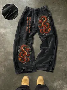 Men's Casual Cotton Sports Pants, Dragon Print, Fitted, Drawstring Waist, Ankle Length, Street Style, All Seasons, Ideal Gift