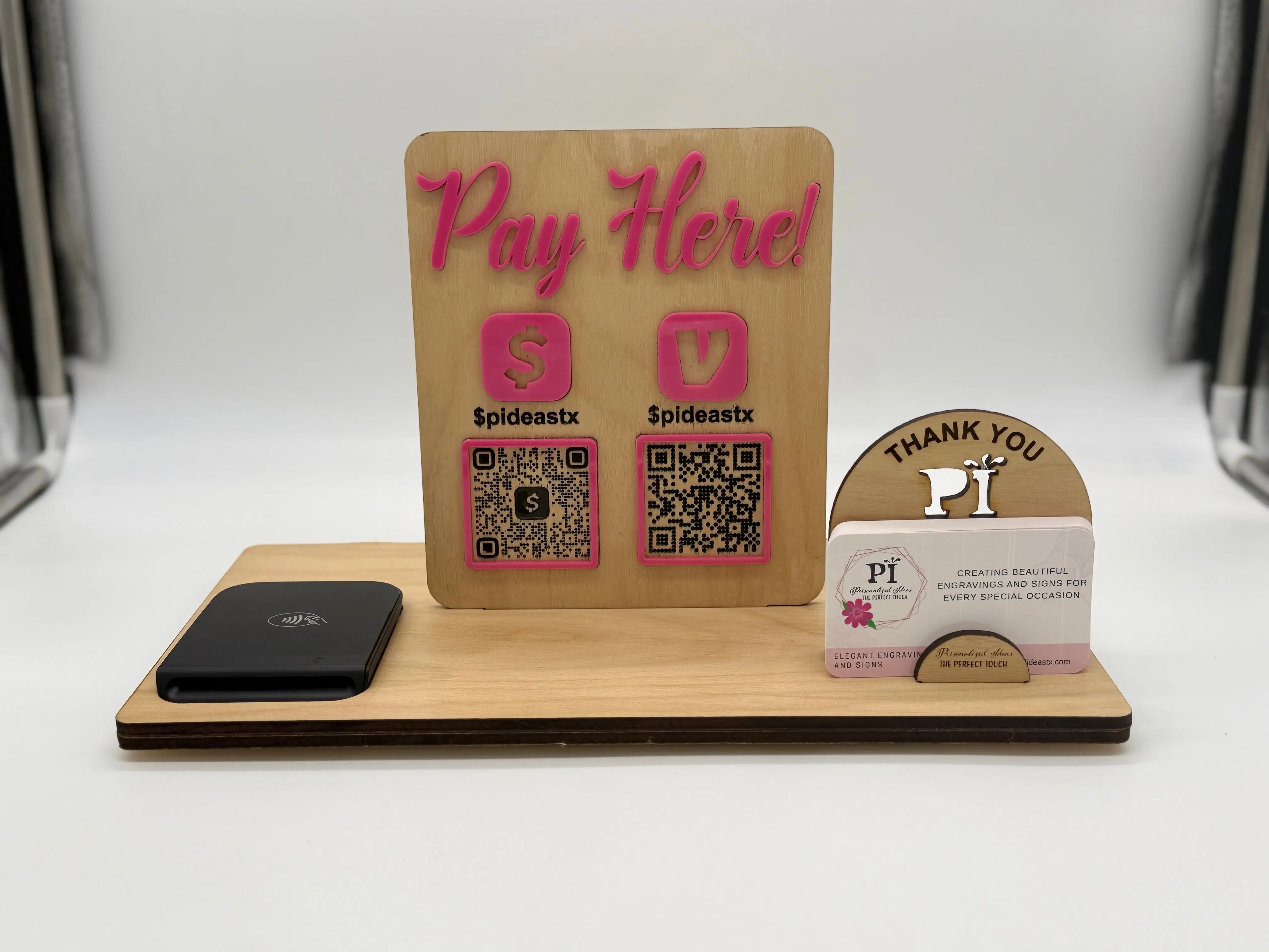 Custom Pay Here Sign with QR Codes, Business Card Holder & Wireless Payment Stand