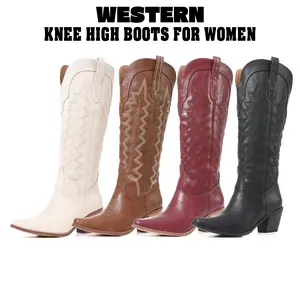 CELNEPHO Womens Knee High Boots Pointed Toe Chunky Block Heel Western Embroidered Side Zipper Pull On Cow Boy Country Boot Casual Party Outdoor Events Winter Warm Boots