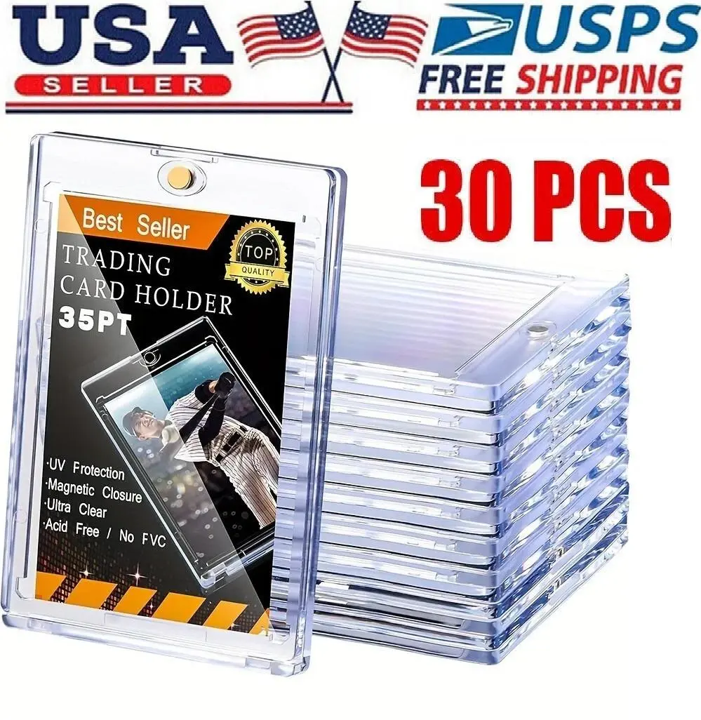 30-Piece Standard Size Magnetic Trading Card Toploaders - 35pt 1-Touch Hard UV Protection, Cleaning-Compatible Sports Accessories, Toploaders for Cards, Sports Card Storage