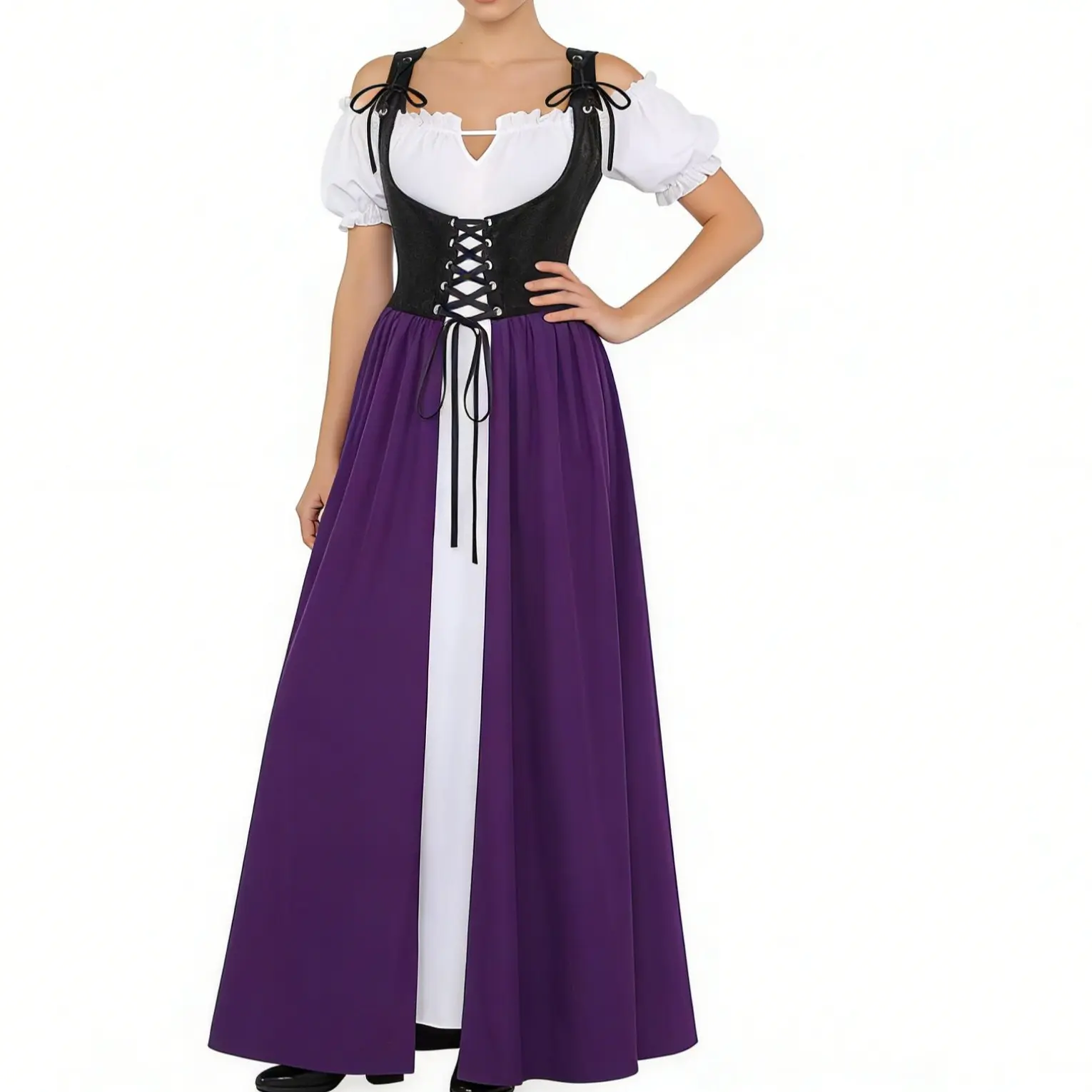 Rgothic Women's Plus Size Polyester A-Line Puff Sleeve Gothic Corset Dress  - V-Notch Lace-Up, Ruched Layered Patchwork, Flattering Fit Women's Clothes  for Themed Events, Fall Cocktail Party Costumes - TikTok Shop