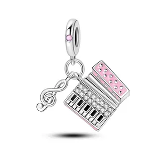 MULA Accordion and Treble Clef Music Pendant, made of S925 Silver-plated with pink enamel and sparkling cubic zirconia, can be used with Pandora bracelets, a perfect music gift for women and girls