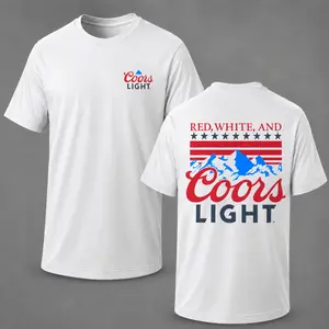 Coors Light Red White and Coors Light Patriotic Beer T-Shirt Front and Back Print Graphic Tee, Vintage American Flag Mountain Design Shirt, Summer Casual Unisex Gift for Beer Lovers