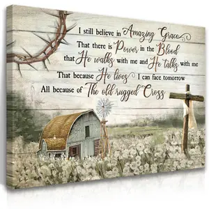 Amazing Grace Religious Canvas Wall Art - The Old Rugged Cross Inspirational Quote Framed Print - Retro Farmhouse Barn Wall Decor for Living Room Bedroom and Entryway