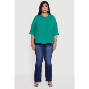 Plus Size Crepe Knit Boxy Button Front Shirt