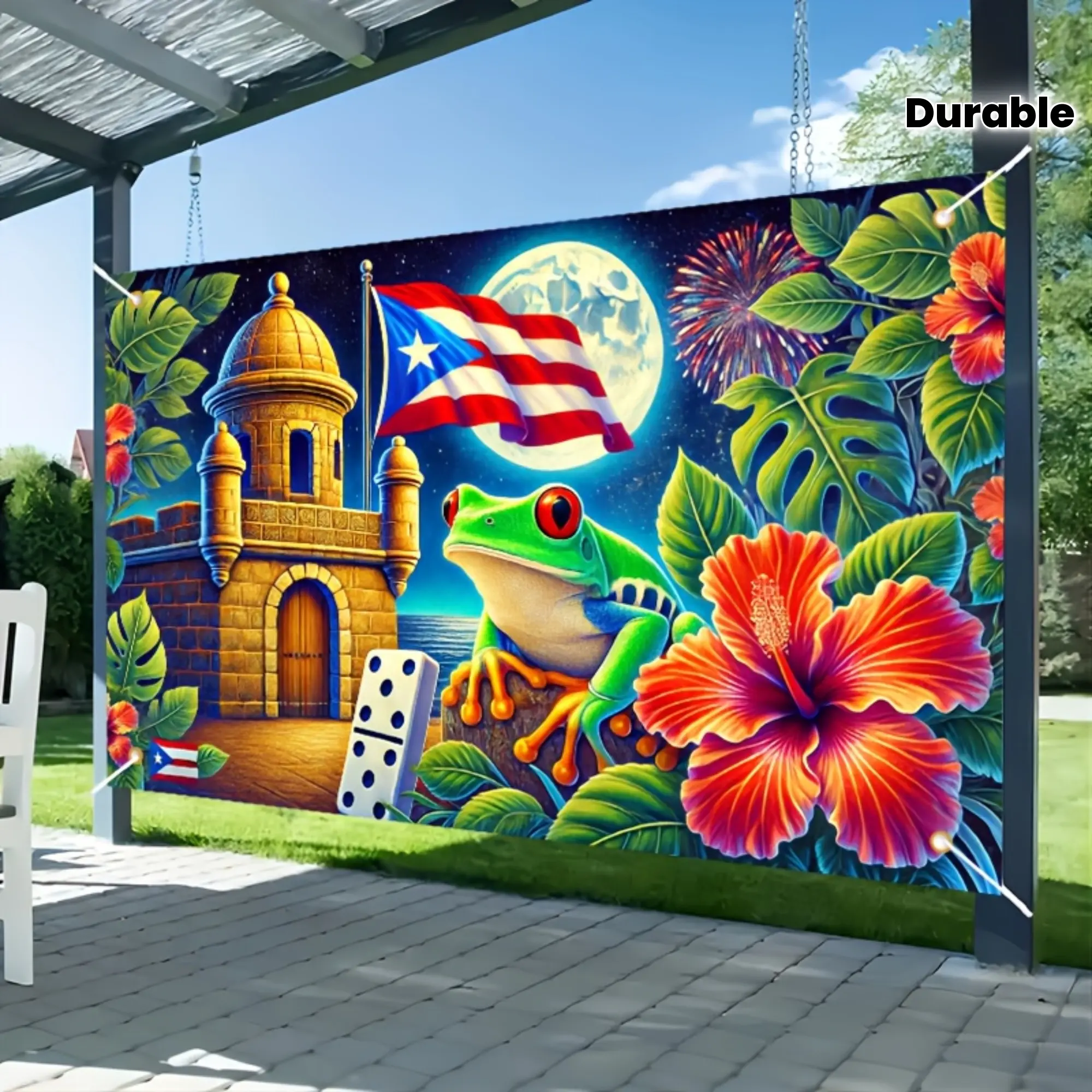 2D Flat Puerto Rico Carnival Theme Backdrop Banner - Lightweight Photo Print with Tropical Frog, Flag, Fireworks, Hibiscus Flowers, Dice Patterns, No Electricity Required Home Decor for Independence Day Celebrations