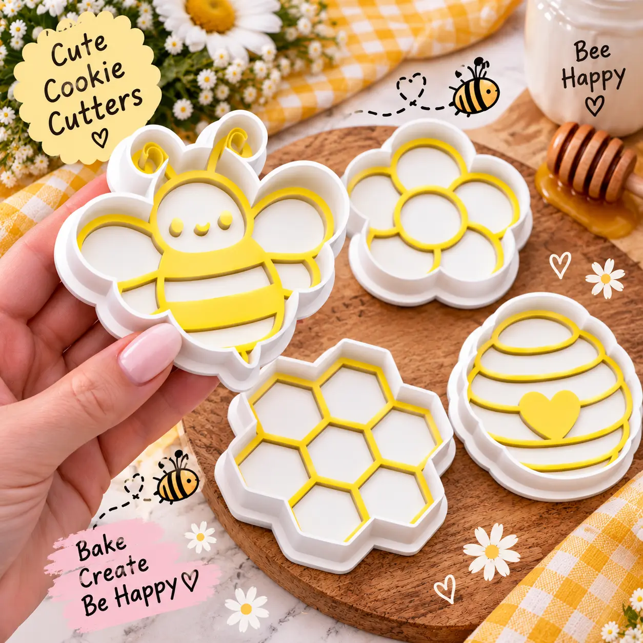 Bee & Honey Cookie Cutter + Embosser Set | 3D Printed Baking Set