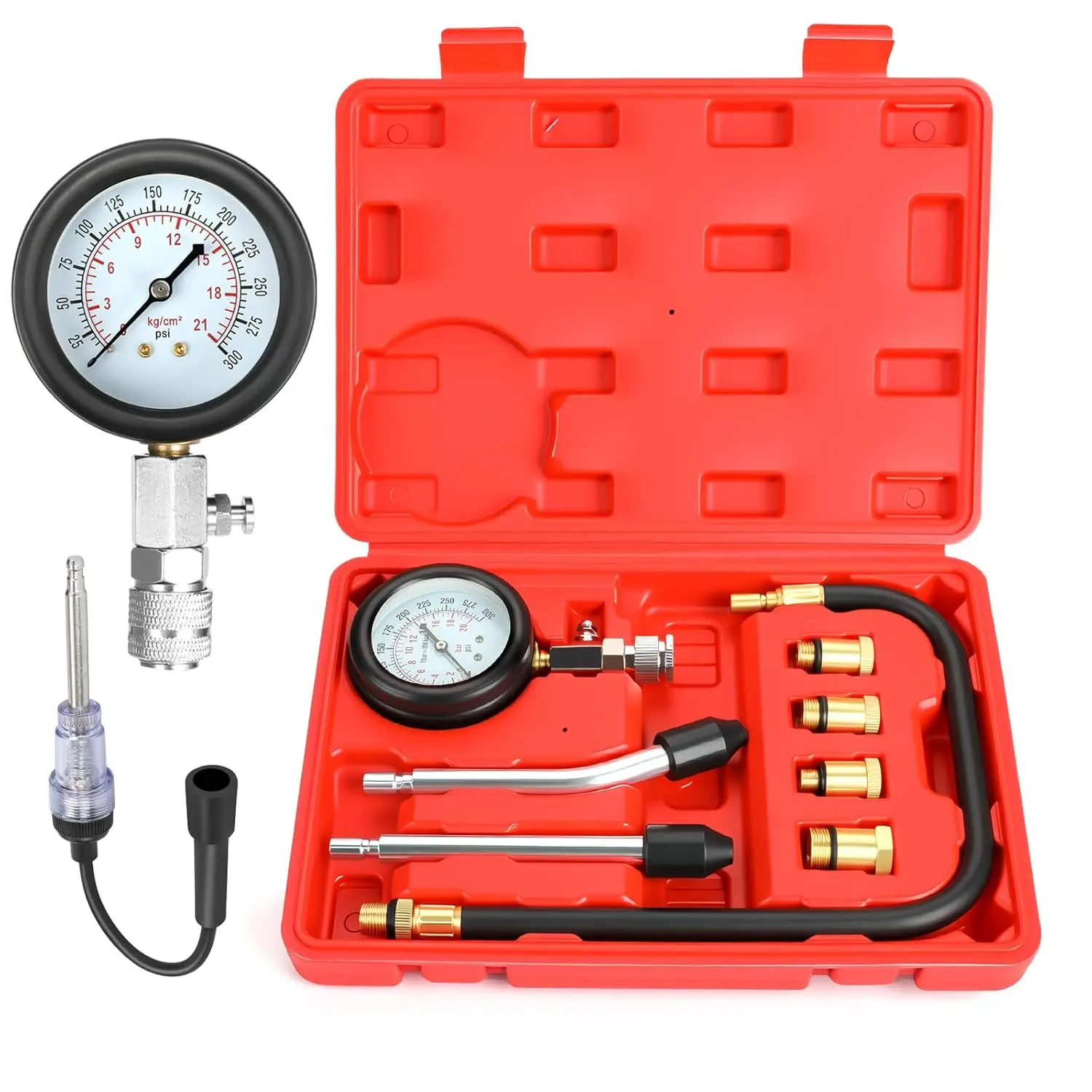 9pcs Compression Tester with Spark Plug Tester - 300PSI Car and Motorcycle Engine Cylinder Compression Gauge Automotive