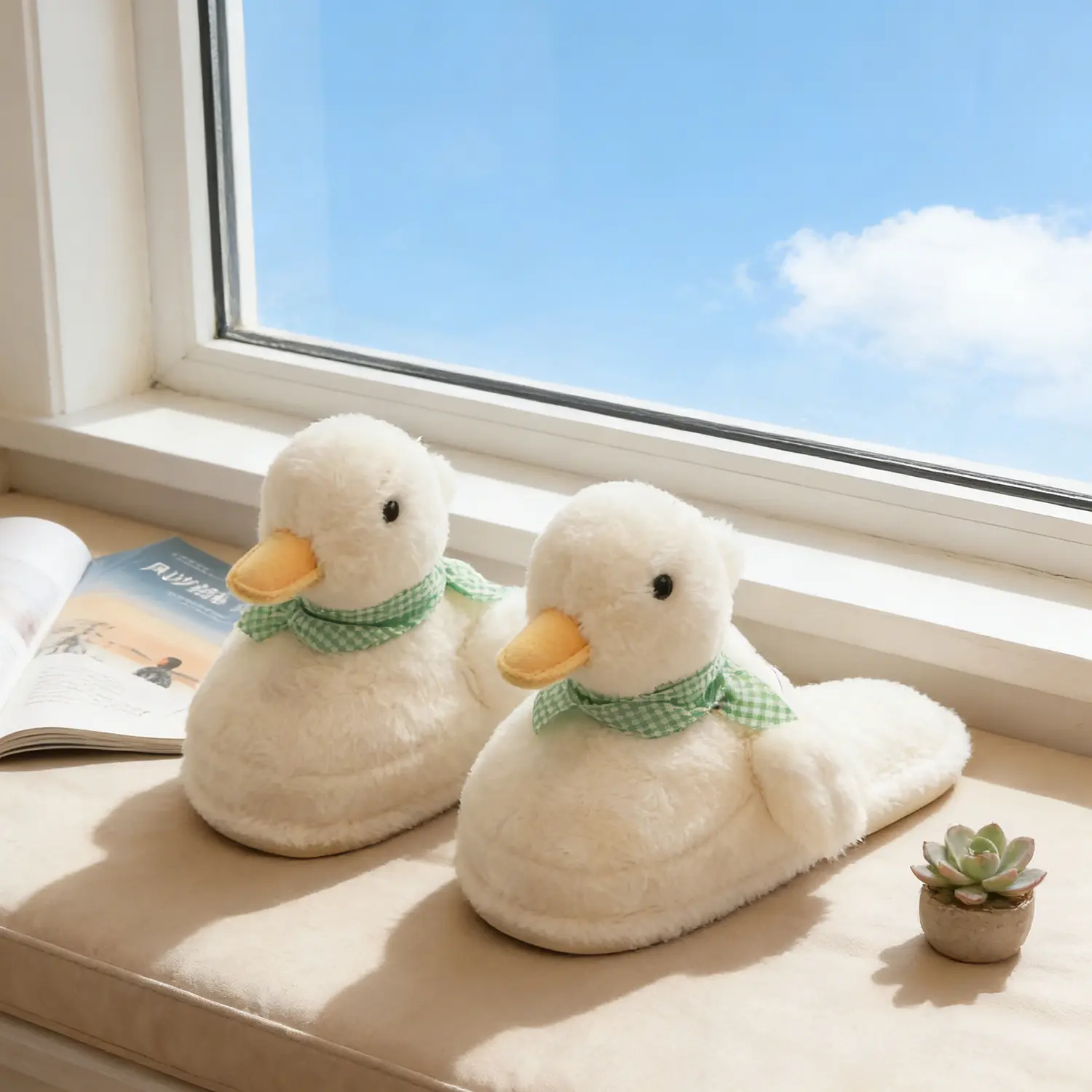 Women's Cute Duck Slippers with Scarf, Cozy Plush Animal Print Home Footwear, Comfortable Slip-On with Round Toe