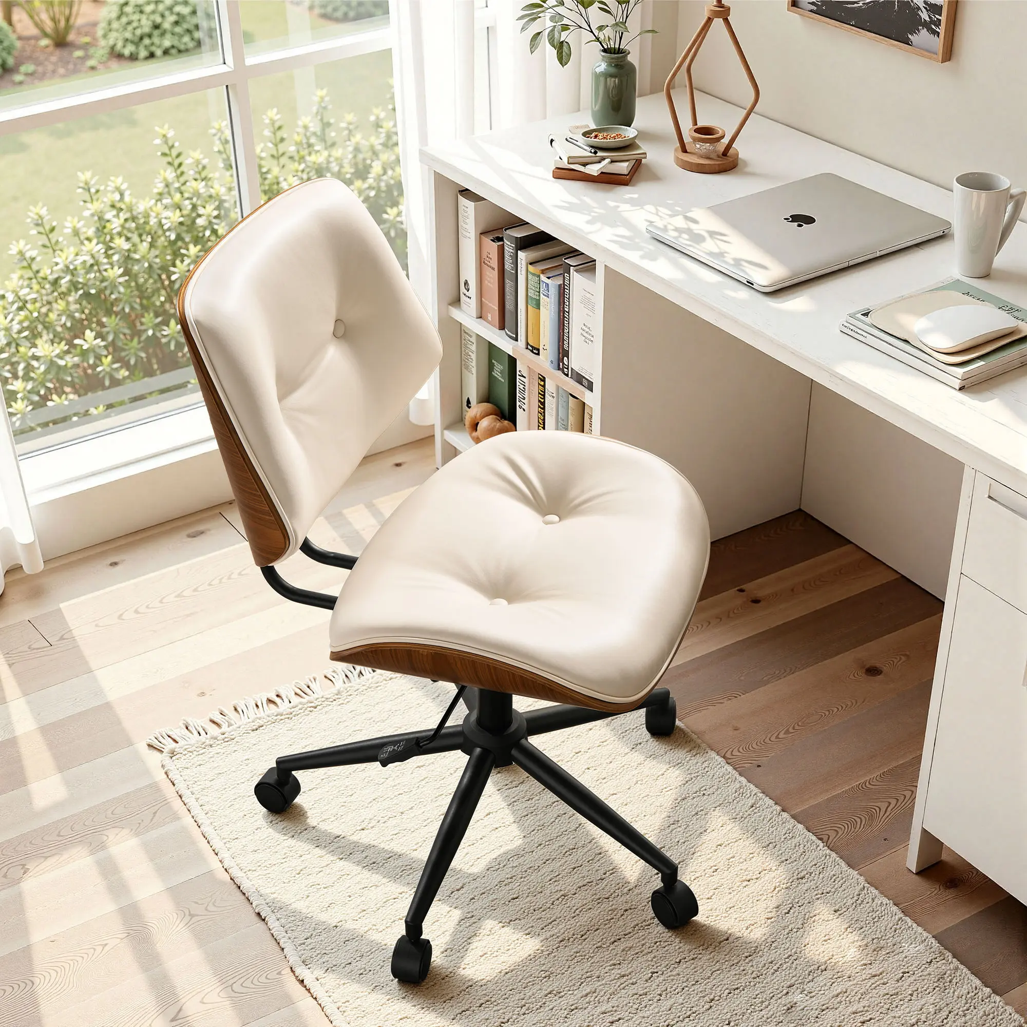 White Buttons PU&WOOD without Armrest