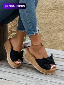 Women's Cute Bowknot Leopard Print Wedge Sandals, Elevated Sandals, Casual Fashion Slip-On Wedges, Summer Trendy Shoes for Beach Daily Wear, Fashionable Footwear