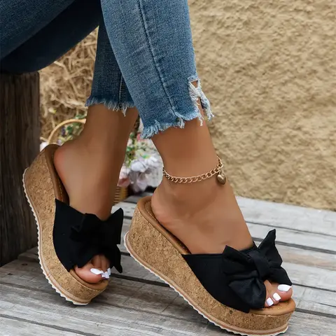 Women's Cute Bowknot Leopard Print Wedge Sandals, Elevated Sandals, Casual Fashion Slip-On Wedges, Summer Trendy Shoes for Beach Daily Wear, Fashionable Footwear