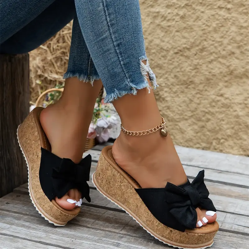 Women's Cute Bowknot Leopard Print Wedge Sandals, Elevated Sandals, Casual Fashion Slip-On Wedges, Summer Trendy Shoes for Beach Daily Wear, Fashionable Footwear