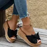 Women's Cute Bowknot Leopard Print Wedge Sandals, Elevated Sandals, Casual Fashion Slip-On Wedges, Summer Trendy Shoes for Beach Daily Wear, Fashionable Footwear