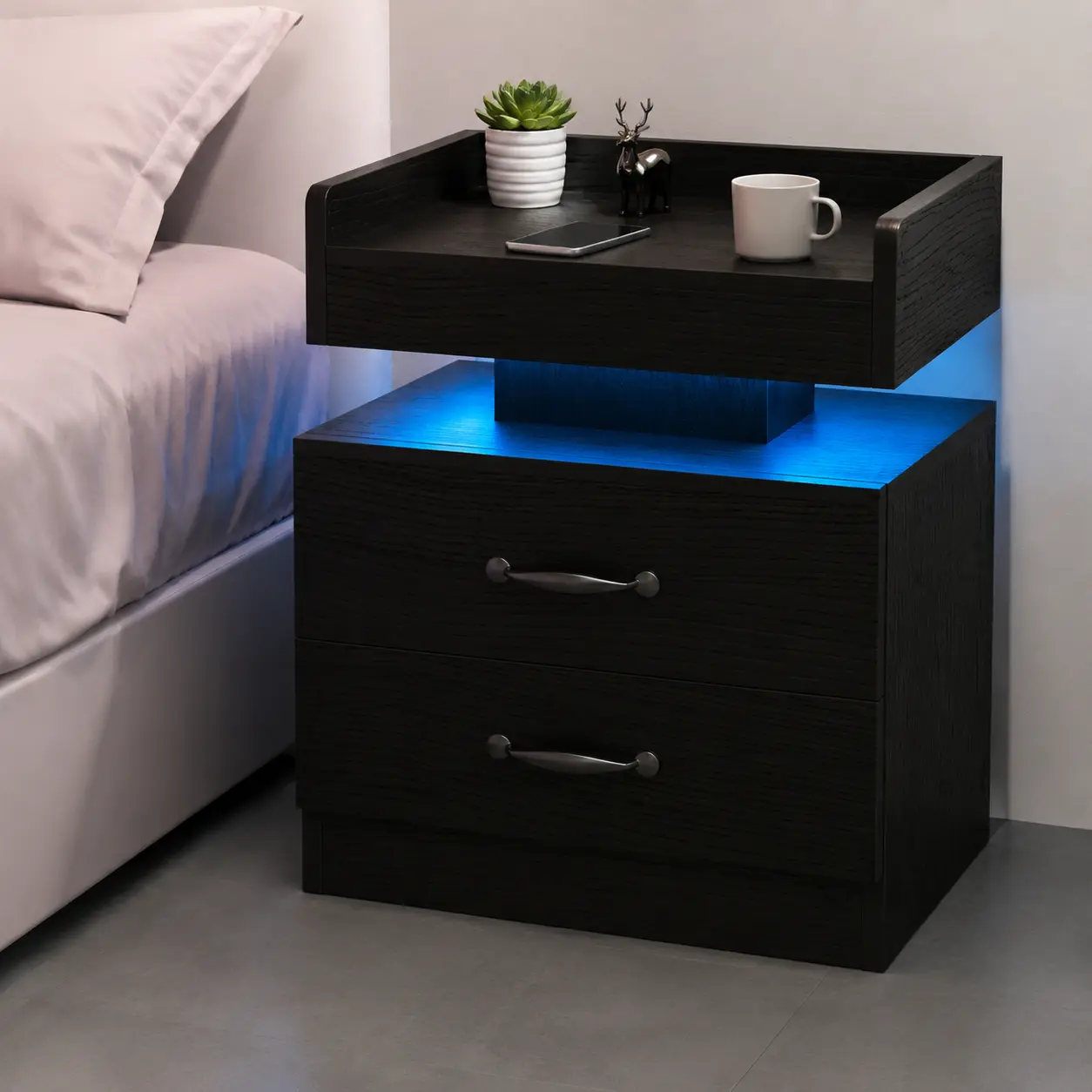 Bedside Table with LED Lights ,Modern Black Nightstand featuring a Built-in Charging Station, LED Lighting, and Drawers,Bedroom Side Table Tablefeaturing 16 Adjustable Light Colors, Bedside Table organizer closet cabinets