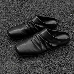 2026 Square Toe Pleated Loafers Slip On Flat Half Slipper Leather Shoes Couple Unisex Casual Comfortable Non-Slip Office Home Slippers for Men Women Everyday Wear Mules Loafers Flat Heel Hot Sale Viral Trending Best Seller