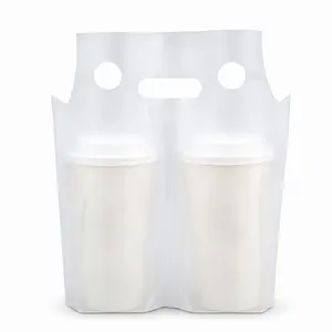 Clear 2-Cup Drink Carrier Bags 300pc, Disposable Cup Holder Bag with Handle for Boba Bubble Tea Iced Coffee Juice Takeout Delivery
