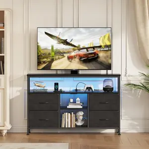 TV Stand Dresser for Bedroom 4 Drawers Entertainment Center with LED Lights and Power Outlets Media Console for 50 Inch TV Living Room Furniture with Open Shelf Adjustable Feet, Living Room Decor, Home Furniture Black