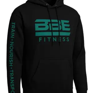 BBE Fitness Hoodies - Black Pullover with Teal Logo and Motivational Text Train Nourish Transform on Sleeve