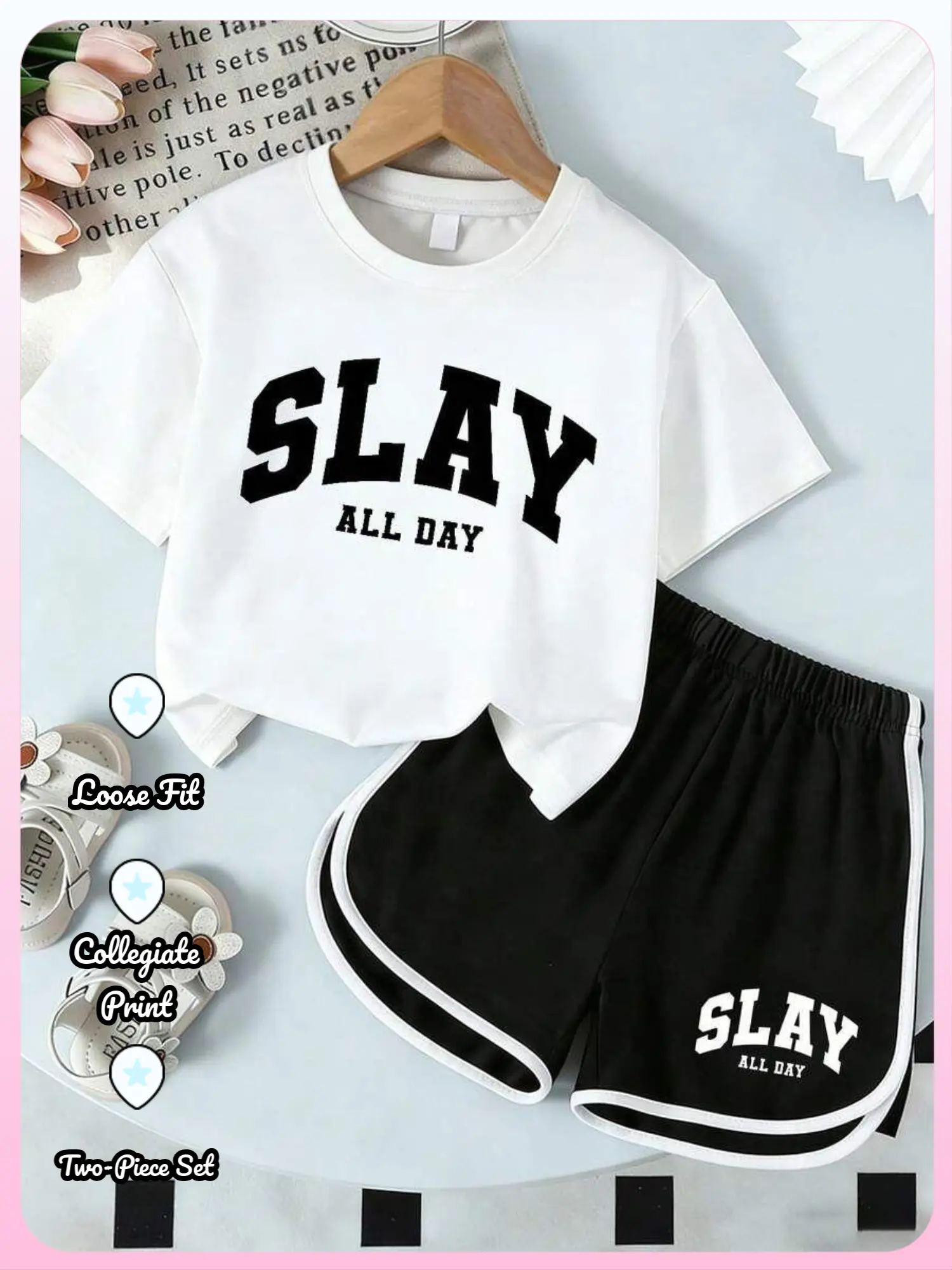 Girls' 2-Piece Summer Fashion Clothes Set - SLAY All Day Print Graphic T-Shirt, Contrast Trim Shorts Casual Tees Set for Kids Clothing Girls Teens, Fashion Clothes Sets, Graphic Print Set