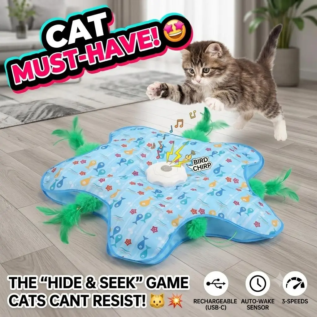 Interactive Automatic Cat Toy - Electronic Hide & Seek Smart Feather Toy with Lifelike Mouse Squeak, 3 Play Modes, USB-C Rechargeable Cat Toy for Indoor Cats, Kittens & Bored Cat