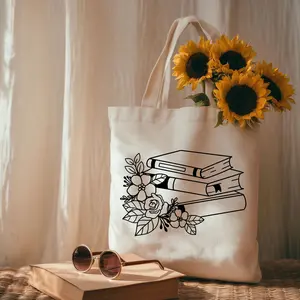 Floral Bookstack Tote Bag Cotton Canvas Botanical Library Bag for Readers