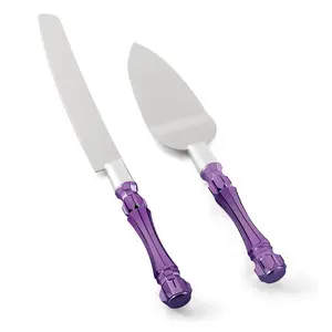 Purple Wedding Cake Knife and Server Set, Cake Cutter and Spatula, Acrylic Handle Set with 1.2mm Thick Blades for Weddings and Parties