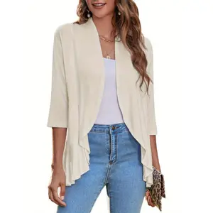 Open Front Lightweight Cardigan, Casual 3/4 Sleeve Ruffle Hem Cardigan, Women's Clothing