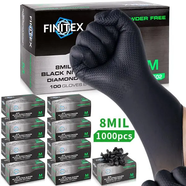 FINITEX 8Mil Thick Diamond-Pattern Disposable Nitrile Gloves, Construction-Grade Anti-Slip Gloves - Waterproof, Abrasion-Resistant, Chemical-Resistant, Durable Grip, Perfect for Industrial Work or Kitchen Cleaning (Great Thanksgiving/Black Friday Gift)