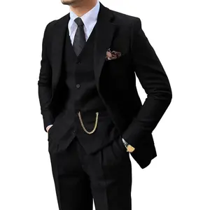 Retro 3 Piece Suit Tweed Herringbone Men's Suits Slim Fit Groom Tuxedos Set Prom Brown Grey Jacket Blazer Vest Pants