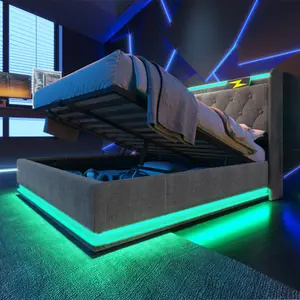 Lift Up Storage Bed Full Size Upholstered LED Bed , 360 surround LED function, Buttons/Apps/Remote Control, hydraulic storage bed with USB Type-C charging, Gray,Linen (Without mattress)