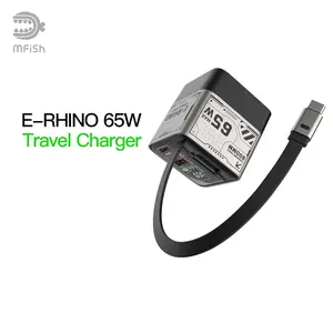mfish E-RHINO 65W Travel Charger Block with Retractable Type C Cable & 2-Ports Fast Charging for MacBook, iPhone 15/16, Galaxy Smartphones Sliver Black Usb
