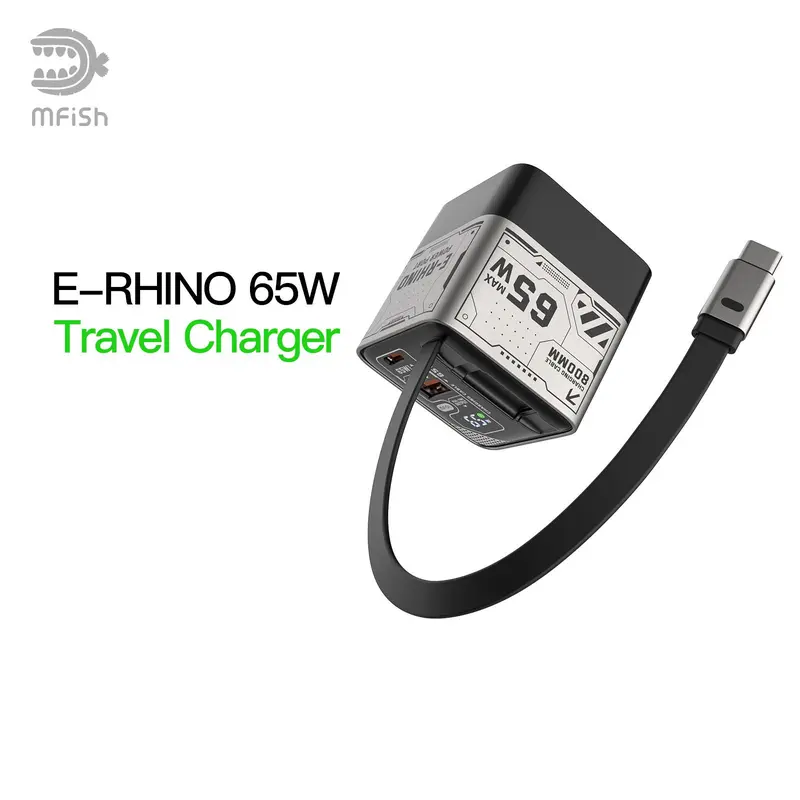 mfish E-RHINO 65W Travel Charger Block with Retractable Type C Cable & 2-Ports Fast Charging for MacBook, iPhone 15/16, Galaxy Smartphones Sliver Black Usb