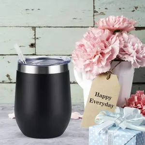 Lifecapido Stainless Steel Wine Tumbler 12Oz Double Wall Vacuum Insulated Stemless Glass with Lid & Straw for Wine Coffee Cocktails Champaign Ice Cream Black
