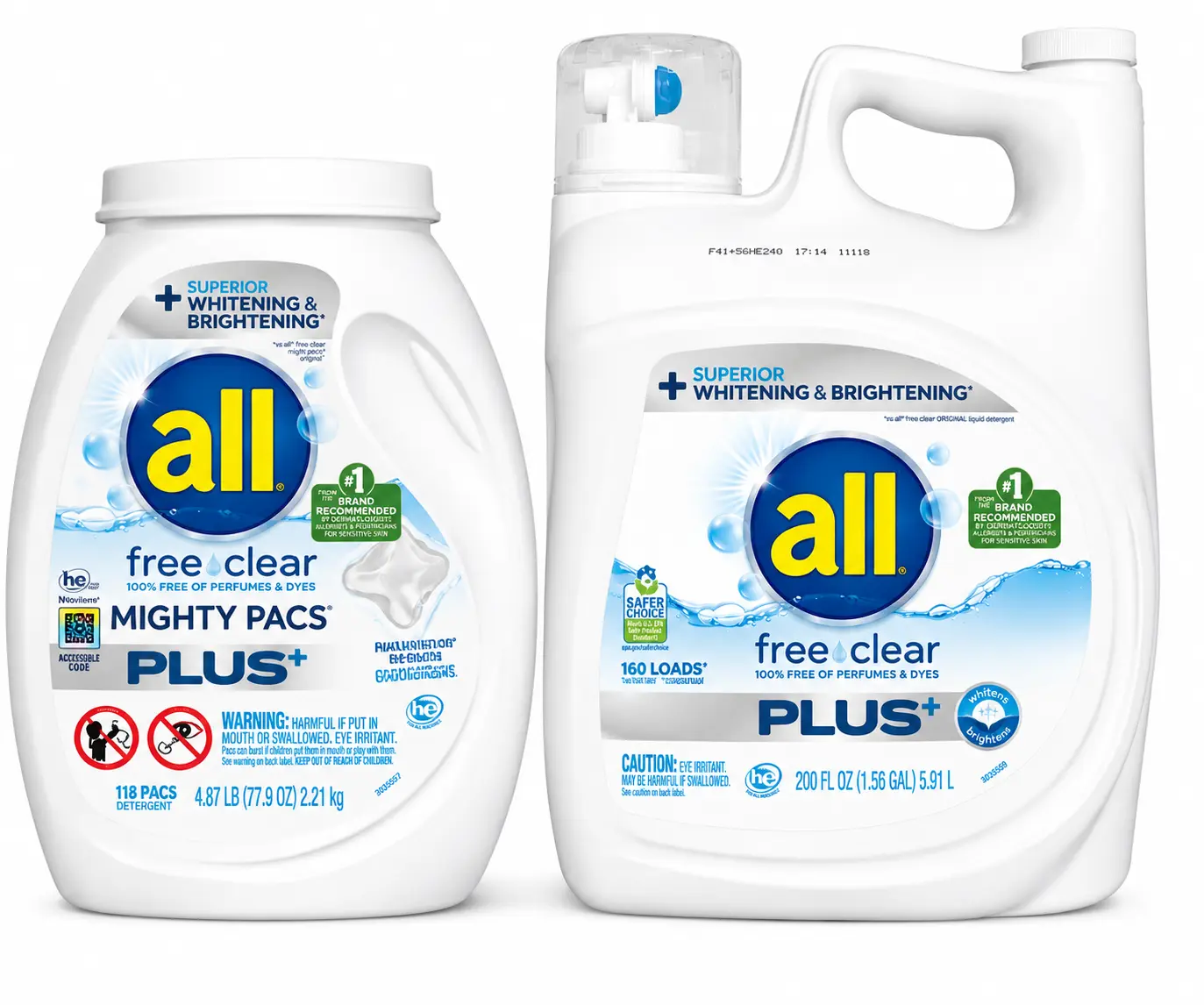 all Free Clear Laundry Detergent for Sensitive Skin, Liquid & Mighty Pacs, Superior Whitening & Brightening, 100% Free of Perfumes & Dyes, Multiple Sizes