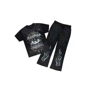 Malykz Black/Black Rhinestone T-shirt/Stacked Flare Track Pant Set