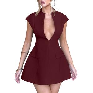 OYS Women's Sexy Deep V Neck Cap Sleeve A-line Mini Club Party Dress