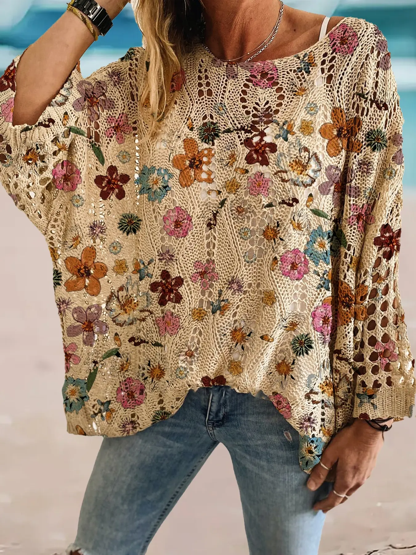 Women's Floral Print Long Sleeve Knit Top, Casual Elegant Vacation Style Sweater, Loose Fit Batwing Shoulders, Spring & Fall Fashion, Knitwear