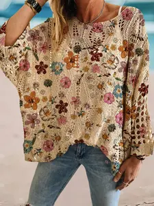 Women's Floral Print Long Sleeve Knit Top, Casual Elegant Vacation Style Sweater, Loose Fit Batwing Shoulders, Spring & Fall Fashion
