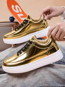 Men's All-Gold Patent Leather Platform Sneakers, Cool Eye-Catching Style, Metallic Patent Leather Material + Platform Design + Black Rope Laces, Unique Style, Height-Boosting Shape , Ideal for Daily Commuting & Street Wear Scenarios