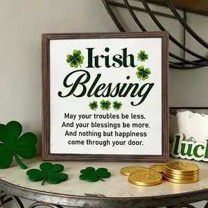 St Patricks Day Decoration, Four Leaf Clover Good Luck Irish Wooden Picture Frame Wall Art, Home & Office Decor, Dining Room, Kitchen, Bedroom Craft Ornaments, Decorative Gift