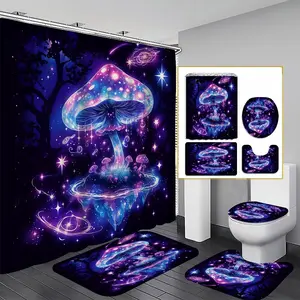 1/3/4PCS Fairy Tale Glowing Mushroom Shower Curtain Set, 71x71 Inches, Includes Background Pattern & 12 Hooks, Perfect for Bathroom Decor, Bathroom Decoration Accessories