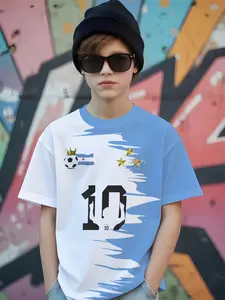 Boys' Messi No. 10 Argentina Champion Theme T-Shirt, Blue Gradient Five-Star Print, Graphic Printed Shirt, Casual Short Sleeve, Fitted, Random Print