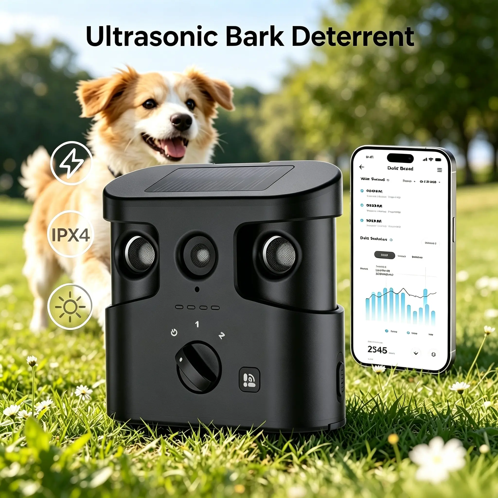 Ultrasonic Dog Bark Deterren with Bluetooth APP – Professional Sonic Emitter Dog Training Tool, Dual Speakers, Track Barking Records, Humane Anti Bark No Shock, IPX4 Waterproof, Solar Powered, Anti-Bark Dog Silencer repellent device pet Training