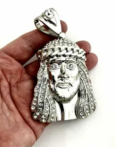 Huge Jesus Piece Pendant Crown Head Silver Tone Hip Hop Huge Pendant 4" Iced with Lab Diamonds for Men's Bold Statement Jewelry