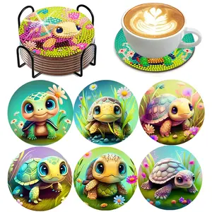 6-Piece Diamond Painting Set with Stand, Turtle Animal Theme Coaster Set, Sparkling Diamond Art Wooden Mosaic Handmade Kit, Diamond Painting Kits