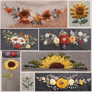 Floral Pattern Embroidery Kit Stick Pattern DIY Handmade Easy Sew on Clothes Bag for Decoration with Sunflower & Daisy Motifs