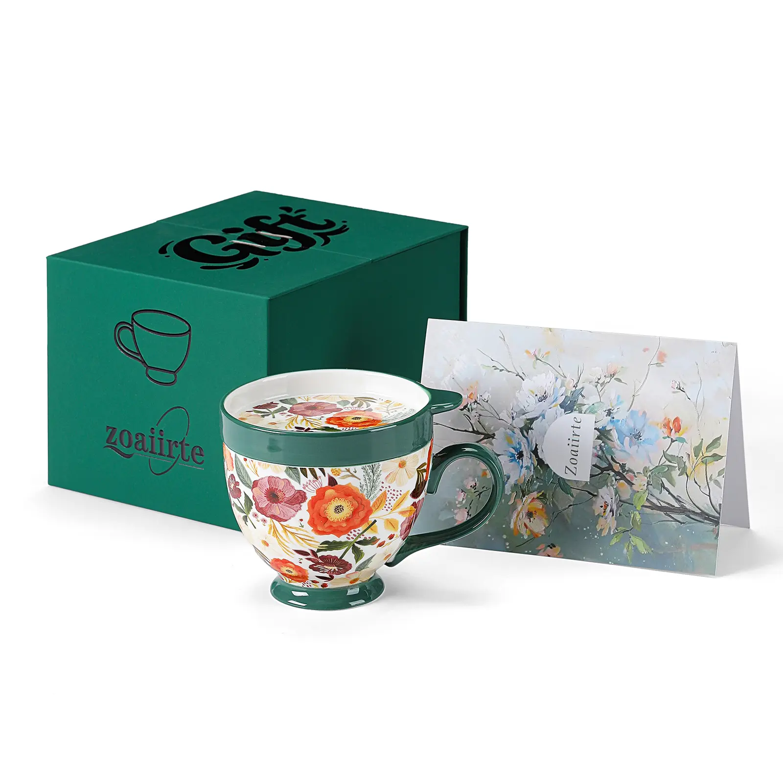 Ceramic Coffee Mug with Floral Painting, Vintage Green Rim Large Belly Tea Cup with Gift Box, 12oz Decorative Hand Painted Floral Mug for Women, Home Kitchen Decor, Holiday Birthday Present