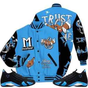 14 University Blue Outfits, Black University Blue 14s Varsity Jacket, Trust No One Hustles Unisex T-Shirts To Match Sneakers Streetwear