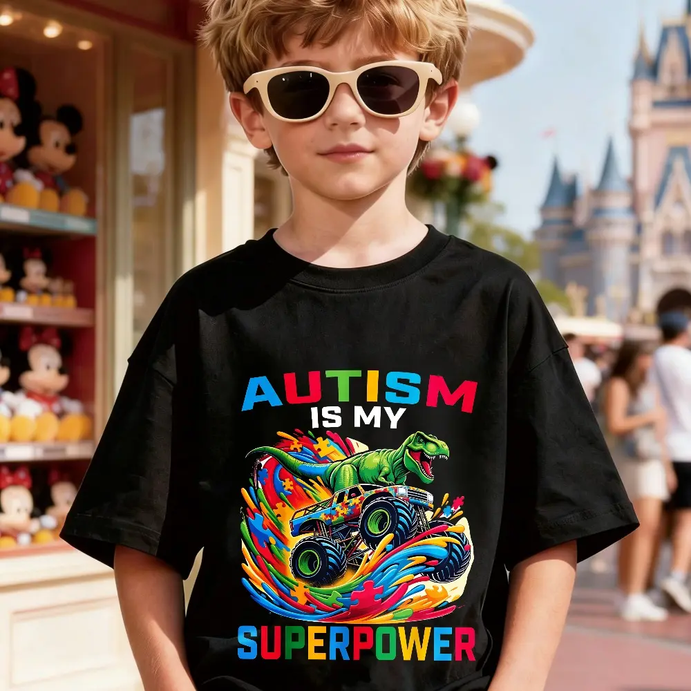 Autism Is My Superpower Dinosaur Tyrannosaurus Rex Monster Truck Youth T-Shirt - Bright And Colorful Design, Casual Round Neck Short Sleeved Top Suitable For Boys And Girls, Machine Washable Summer T-Shirt, Autism Shirt